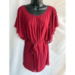 Blue Rain NWT Red Belted Dress Tunic Size M Romantic Ruffles Chiffon Cocktail